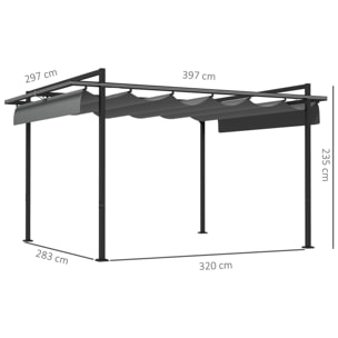 Pérgola 3x4 m Gazebo Cenador de Jardín con Techo Retráctil de Poliéster y 12 Orificios de Drenaje Pérgola para Patio Terraza Exterior Gris Oscuro