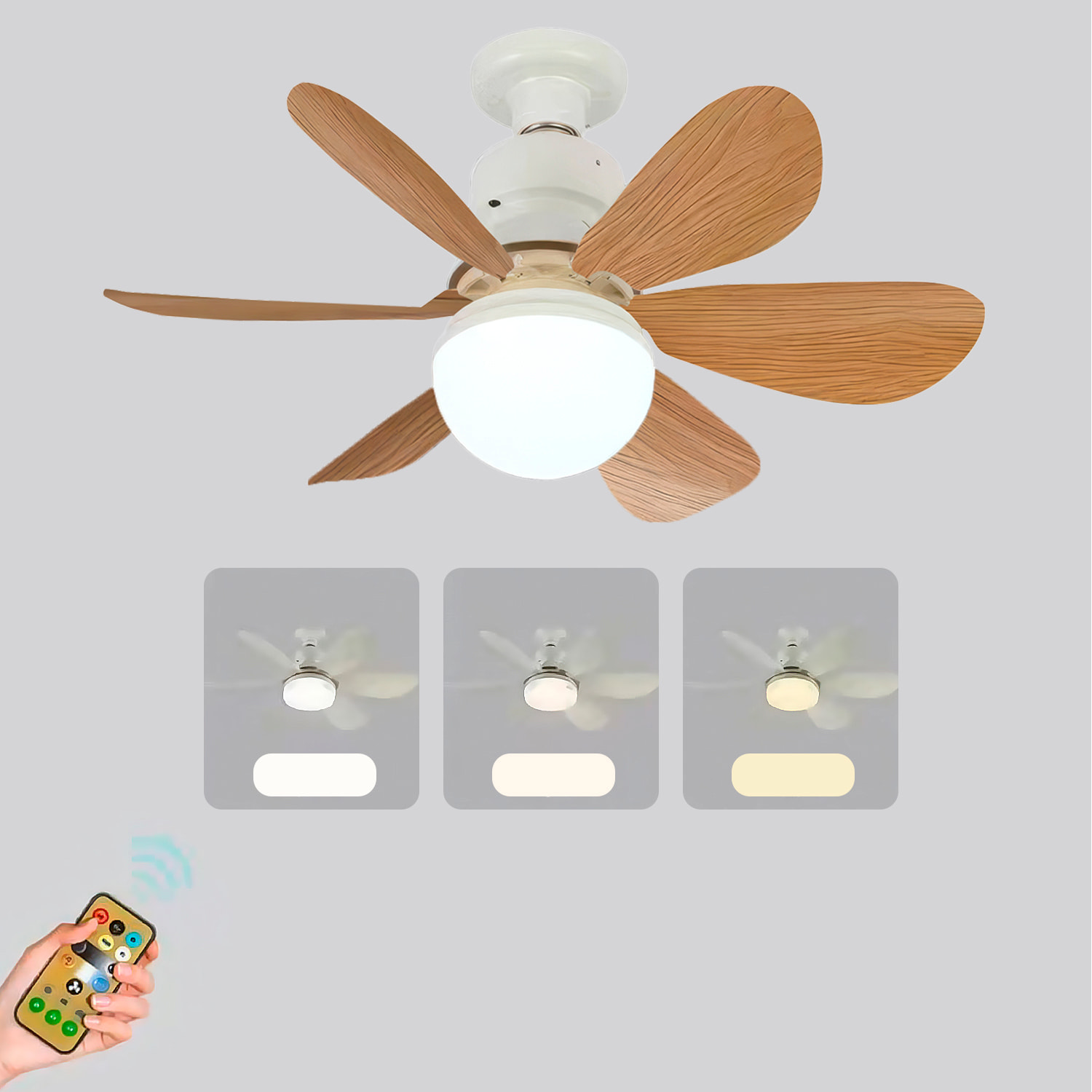 Ventilador de techo FS-HX-R520-B de 52 cm. Adaptador E27, 3 velocidades y luz LED regulable de 18 W. Incluye mando a distancia.