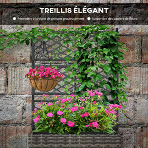 Jardinière avec treillis dim. 57L x 30l x 107H cm 2 bacs inserts d'irrigation inclus PE imitation rotin tressé gris