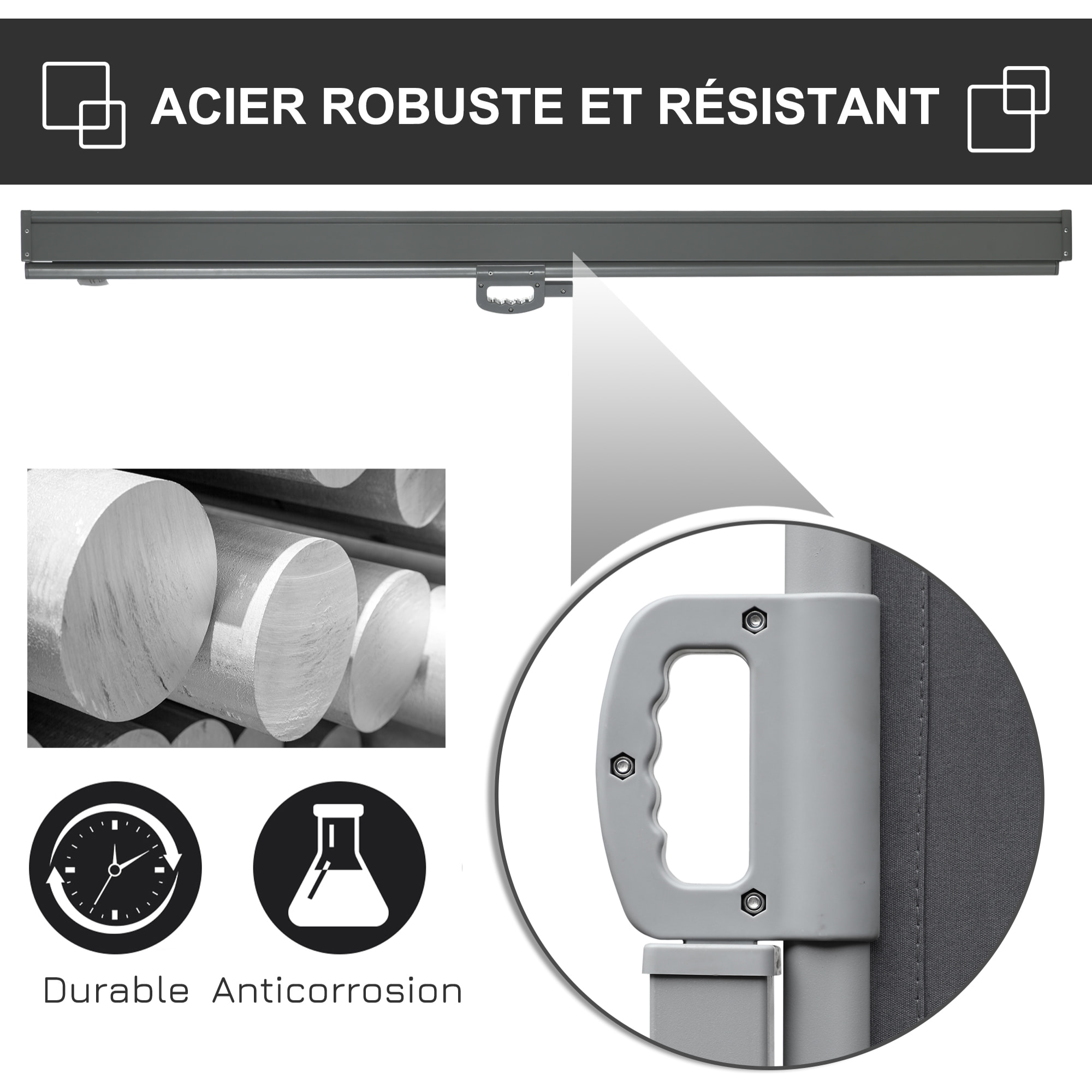 Store latéral brise-vue paravent rétractable dim. 3L x 1,8H m métal polyester imperméable anti-UV haute densité 180g/m² gris