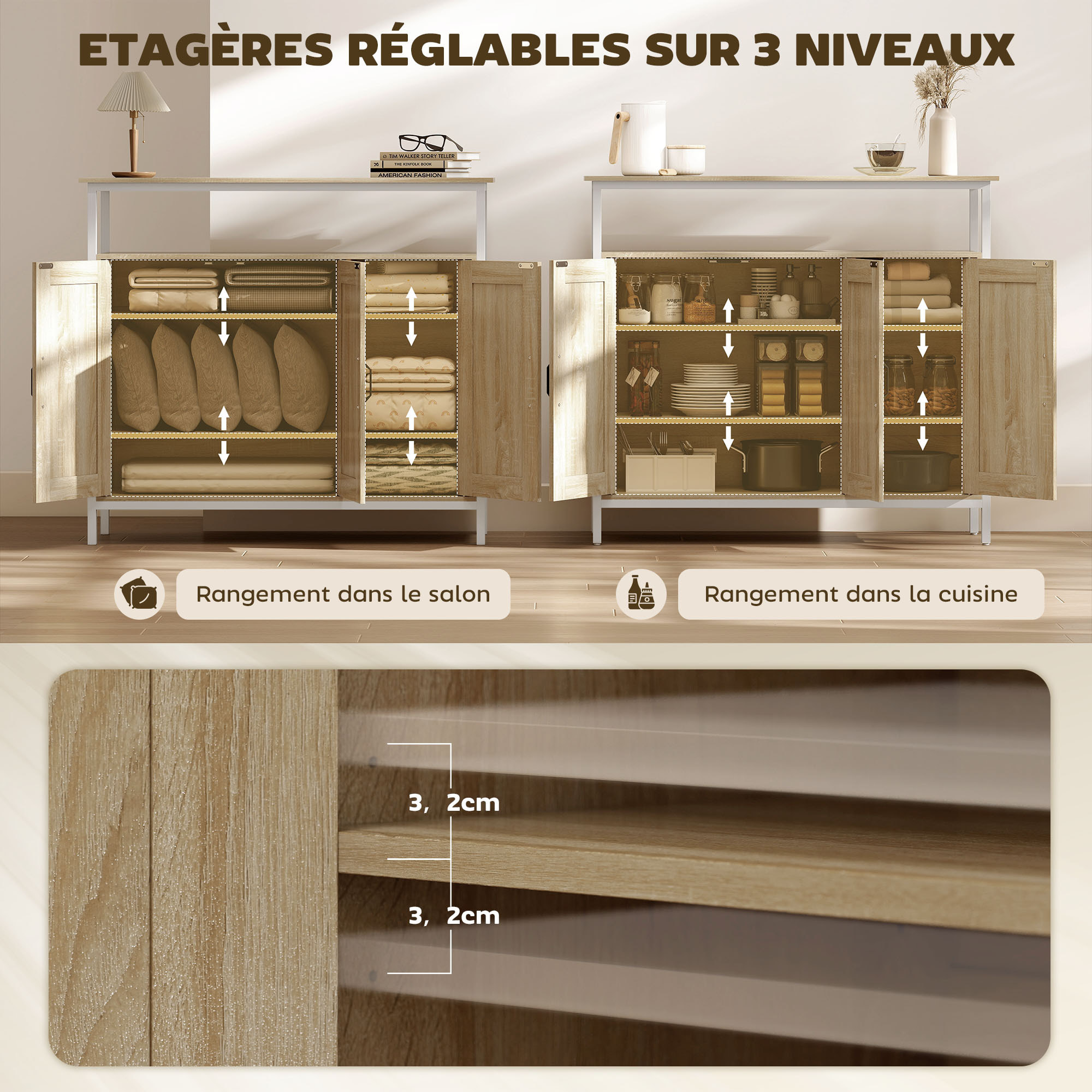 Buffet 3 portes 4 étagères grande niche dim. 100x35x88cm métal blanc effet chêne clair