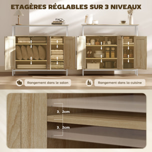 Buffet 3 portes 4 étagères grande niche dim. 100x35x88cm métal blanc effet chêne clair