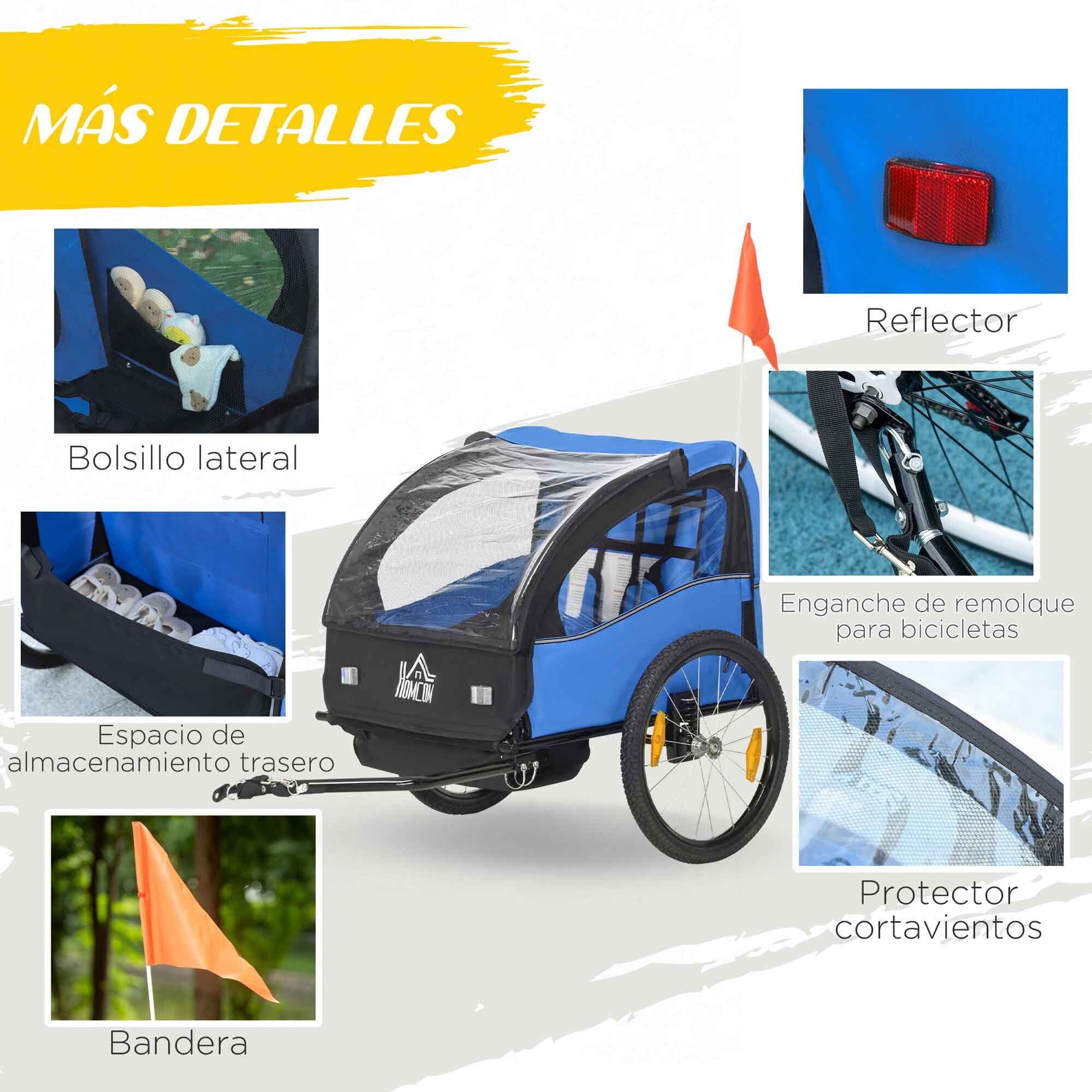 Remolque de Bicicleta para Niños +18 Meses Cochecito para Transporte de 2 Plazas con Cinturón de Seguridad Espacio de Almacenamiento y Sistema de Amortiguador 140x88x90 cm Azul