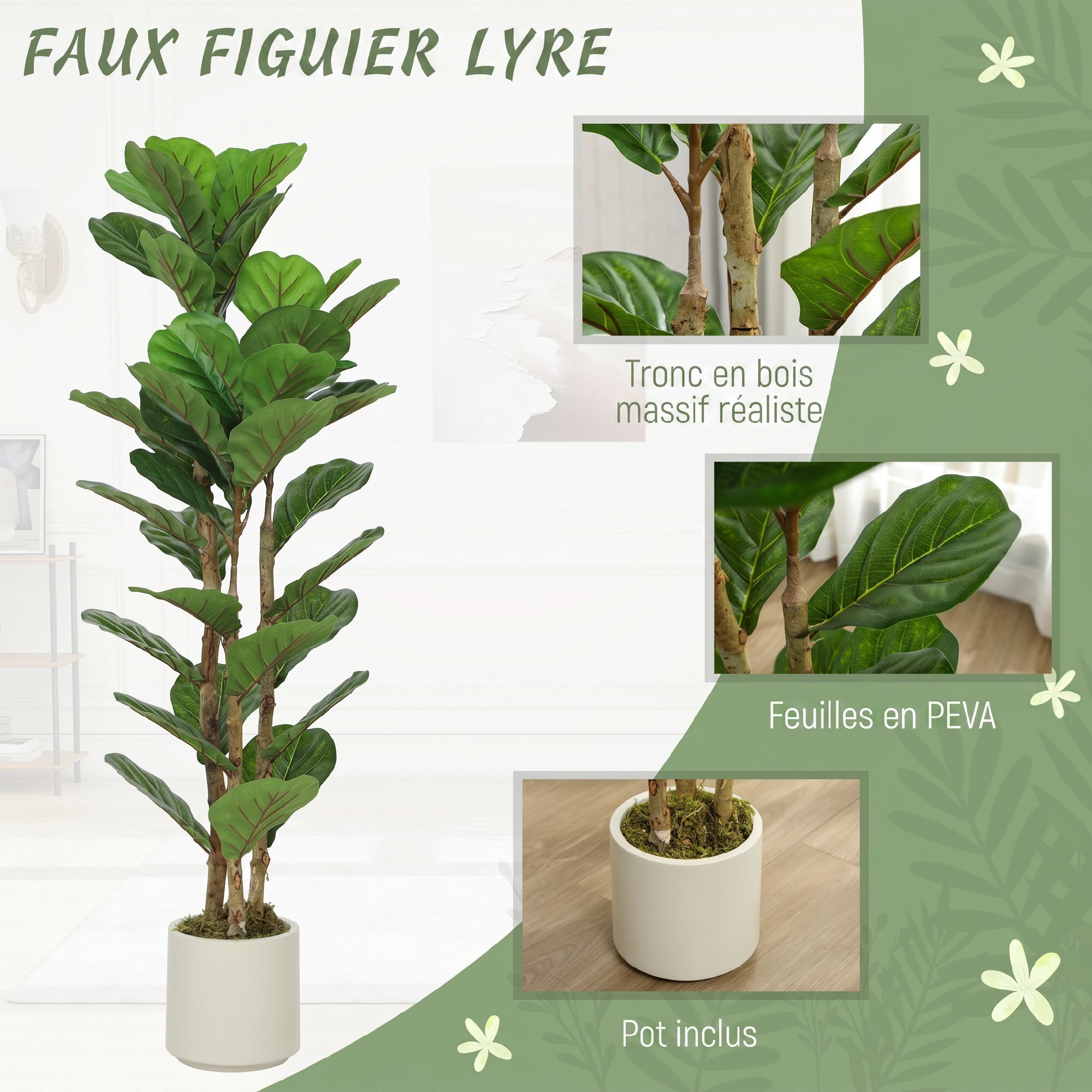 Lot de 2 plantes artificielles figuier lyre H.1,2 m vrais troncs 45 feuilles grand réalisme