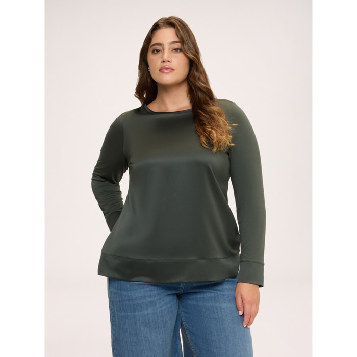 Fiorella Rubino - T-shirt bimaterica in raso e jersey - Verde militare
