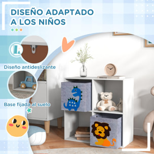 Estantería para Juguetes Infantil Librería para Niños de +3 Años con 4 Compartimientos de Almacenaje y 2 Cajones de Tela no Tejida con Imagen de Animales 61,8x29,9x61,8 cm Blanco y Gris