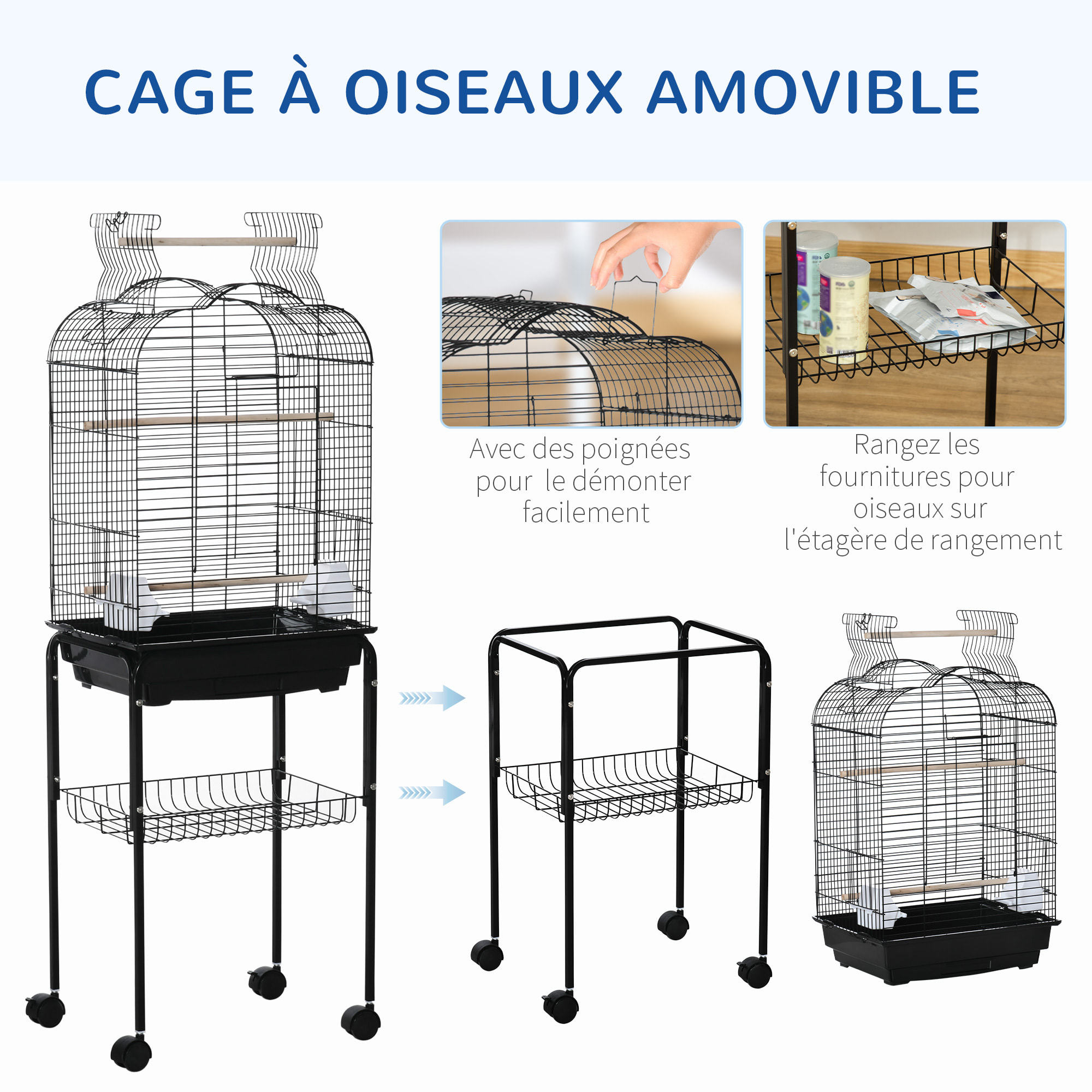 PawHut Cage à oiseaux volière amovible sur roulettes - toit ouvrant, tiroir déjection, 2 perchoirs, 2 trappes, porte, 2 mangeoires, 2 poignées - étagère - acier PP noir