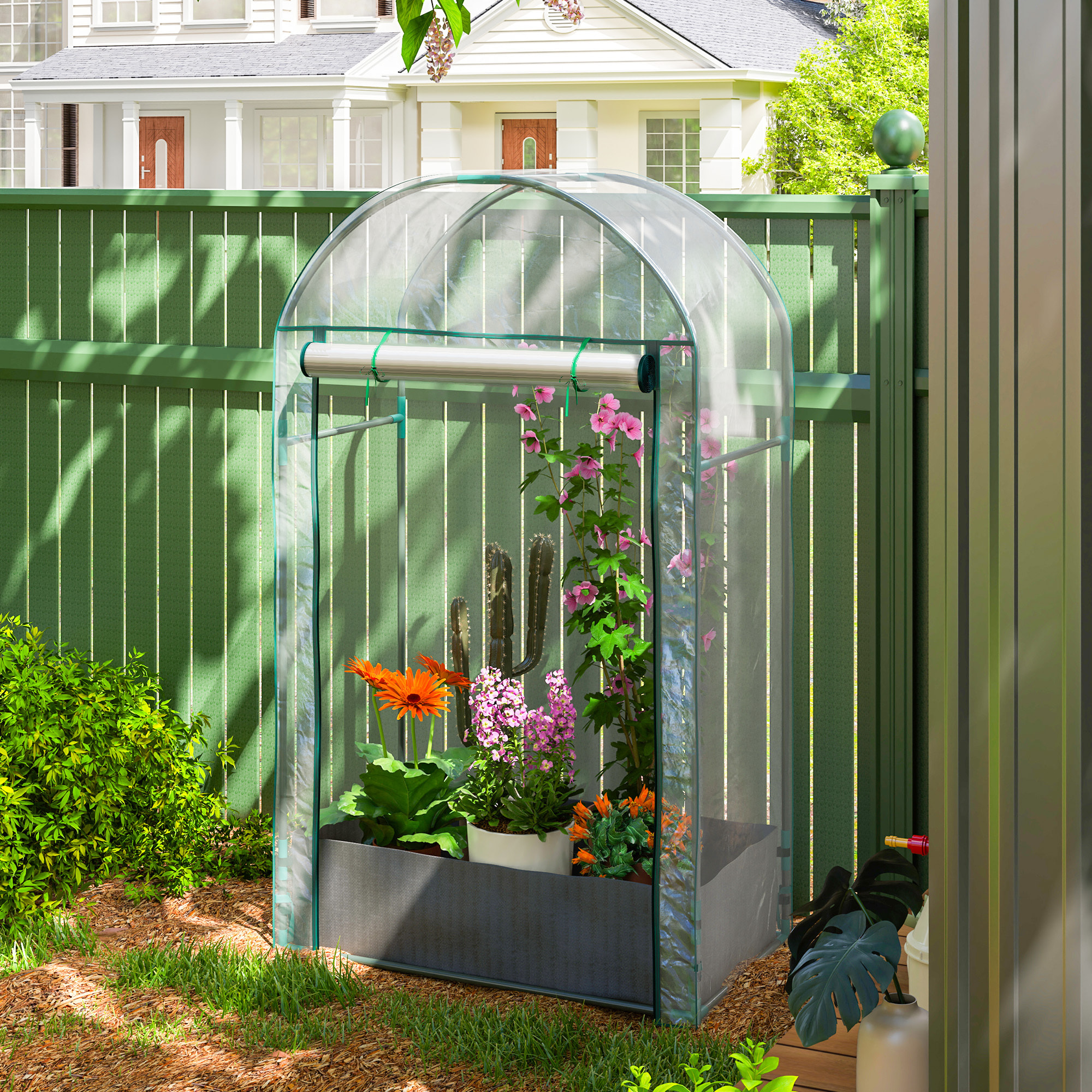 Mini serre de jardin balcon - porte enroulable zippée, sac plantation - 89 x 50 x 152 cm - acier PVC transparent