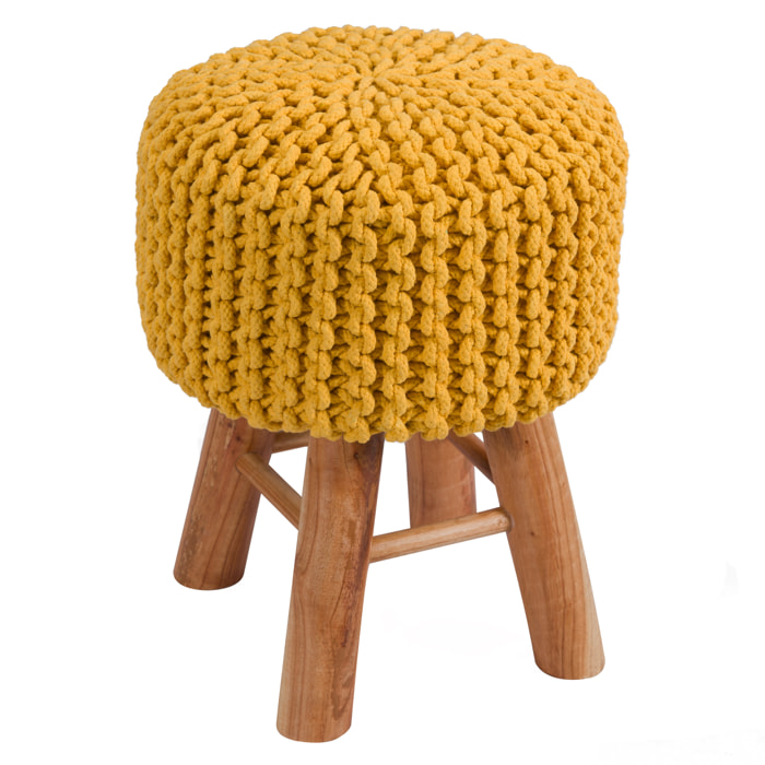 Petit tabouret tricot en coton jaune moutarde - Lisa
