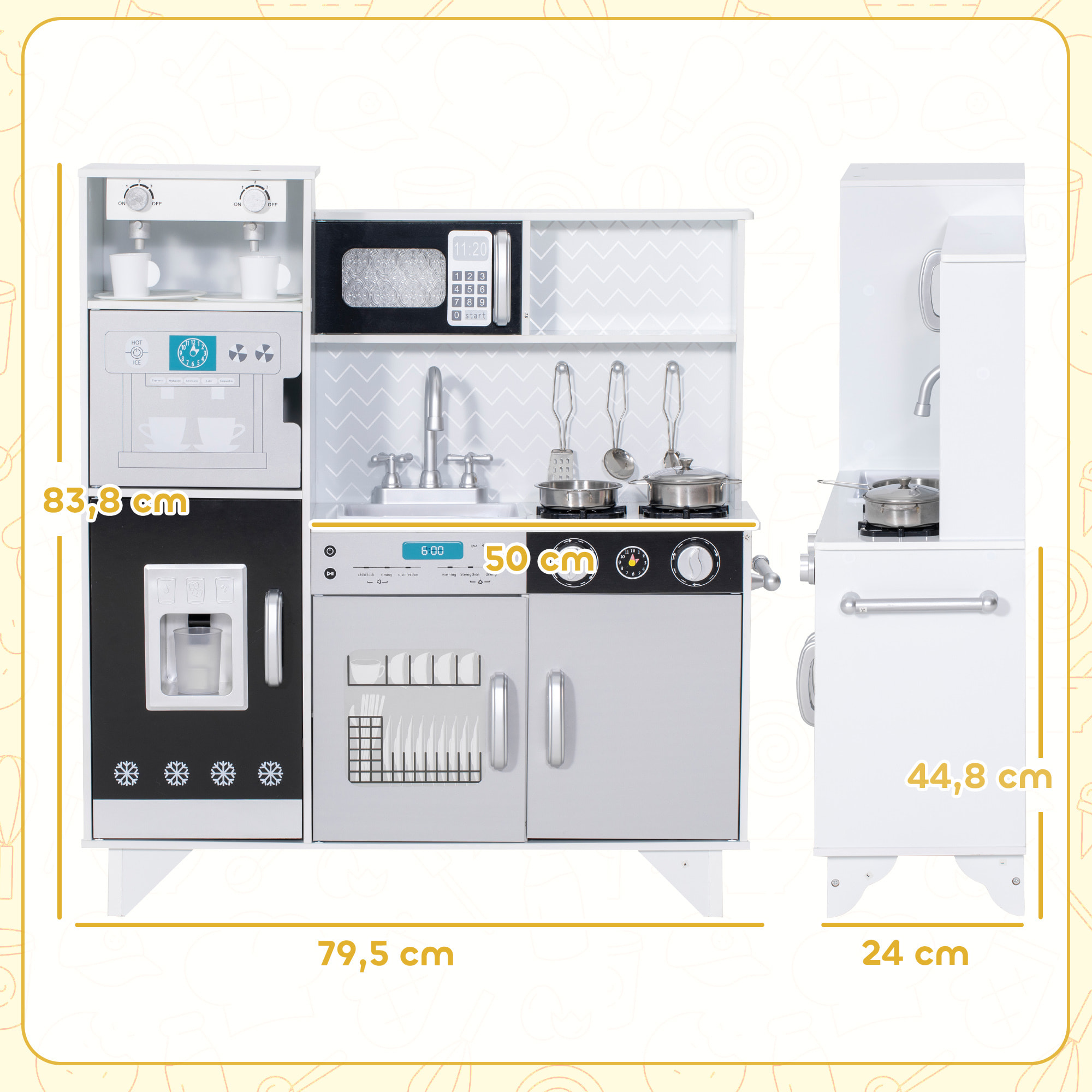 Cocina de Juguete de Madera con Sonido, Cocinita Infantil con Accesorios de Acero Inoxidable, Microondas, Máquina de Hielo, Cafetera, Lavavajillas, para Niños a Partir de 3 Años, Blanco