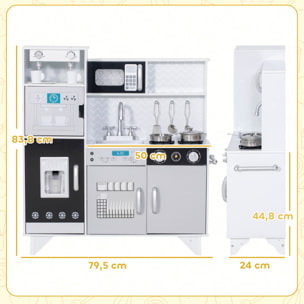 Cocina de Juguete de Madera con Sonido, Cocinita Infantil con Accesorios de Acero Inoxidable, Microondas, Máquina de Hielo, Cafetera, Lavavajillas, para Niños a Partir de 3 Años, Blanco