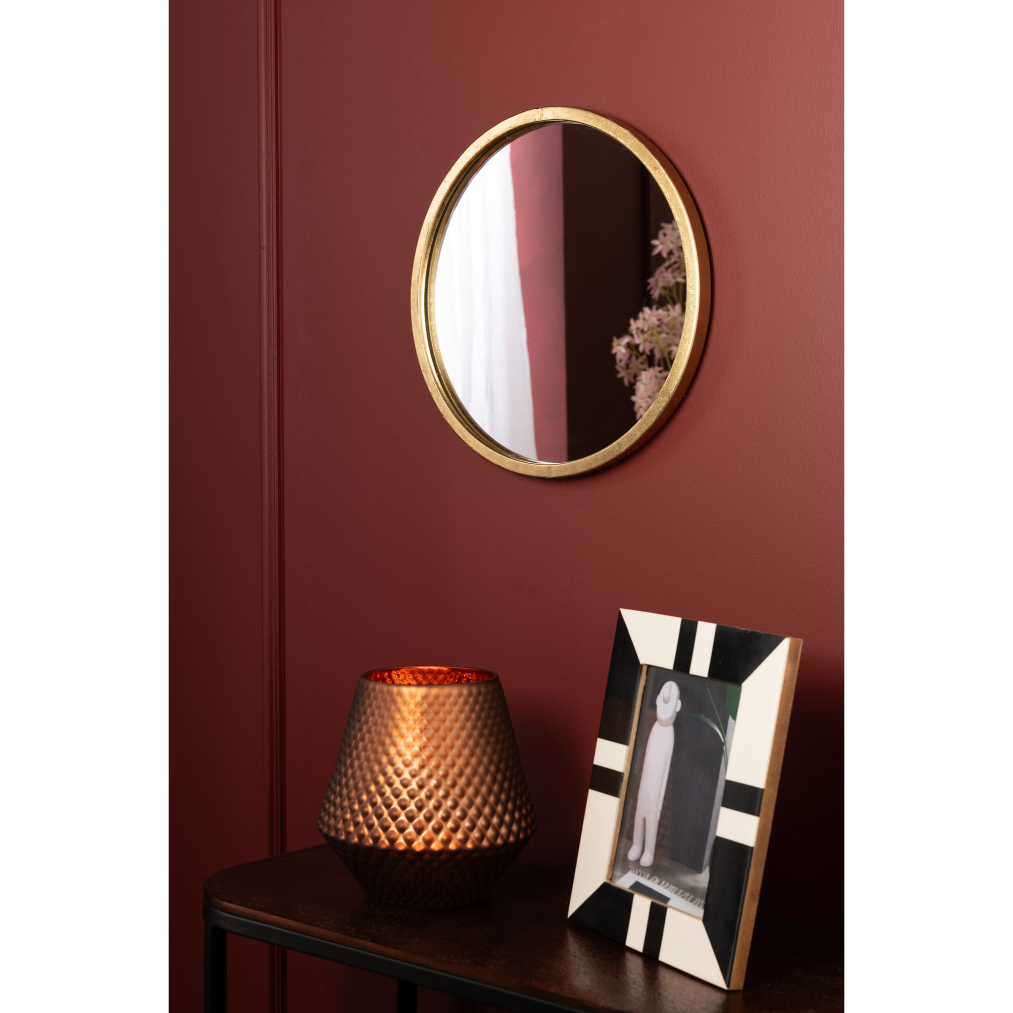 J-Line Miroir rond Mona, miroir rond avec bord doré, miroir doré élégant & intemporel, petit miroir décoratif, parfait pour les petites pièces ou comme miroir pour les WC invités, 30x30x3 cm