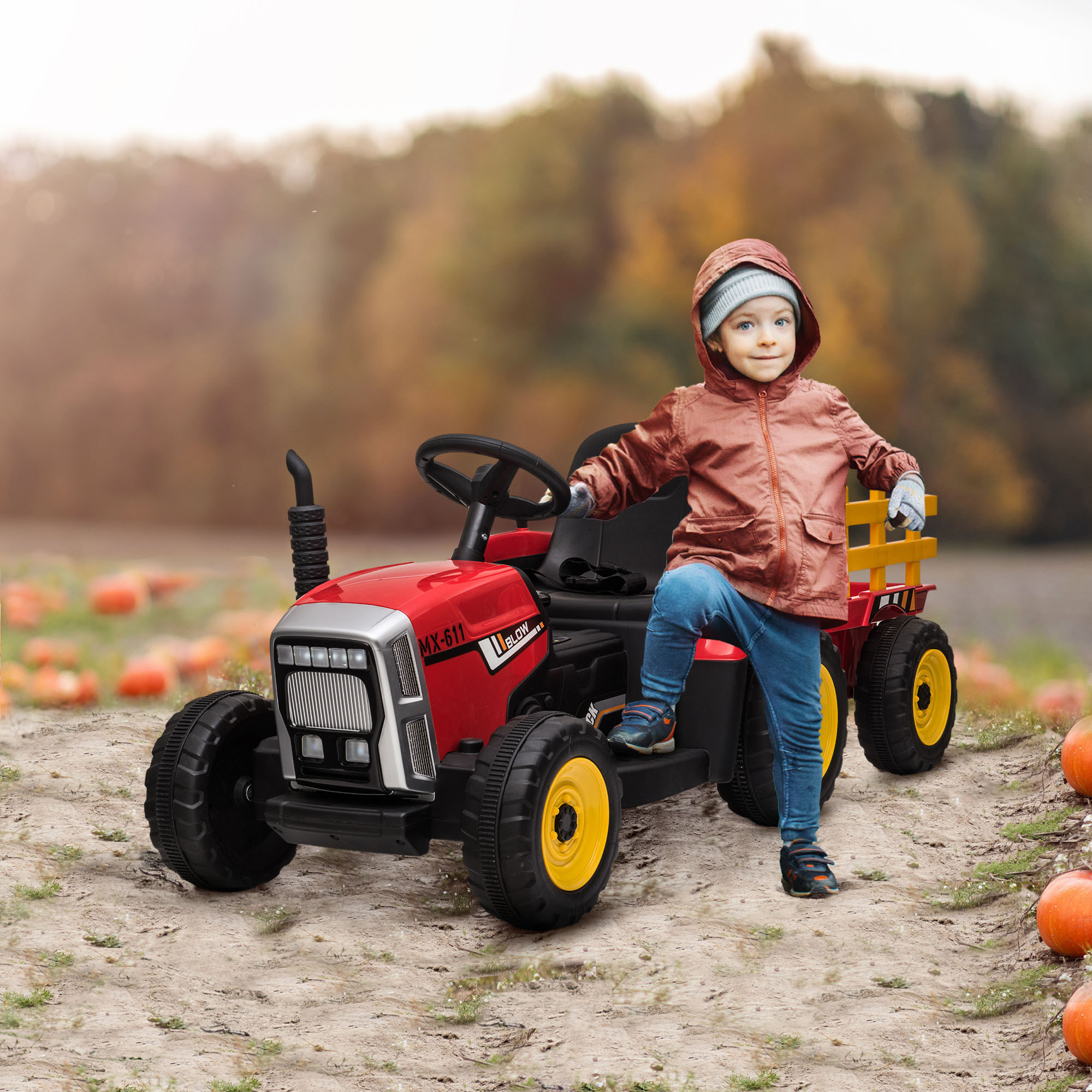 Tracteur électrique avec remorque amovible, voiture électrique enfants de 3 à 6 ans avec télécommande MP3 musique affichage lumières et ceinture de sécurité, 12V 3-6 km/h, rouge