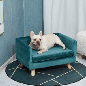 Canapé chien lit pour chien design scandinave coussin moelleux pieds bois massif dim. 64 x 45 x 36 cm velours bleu canard