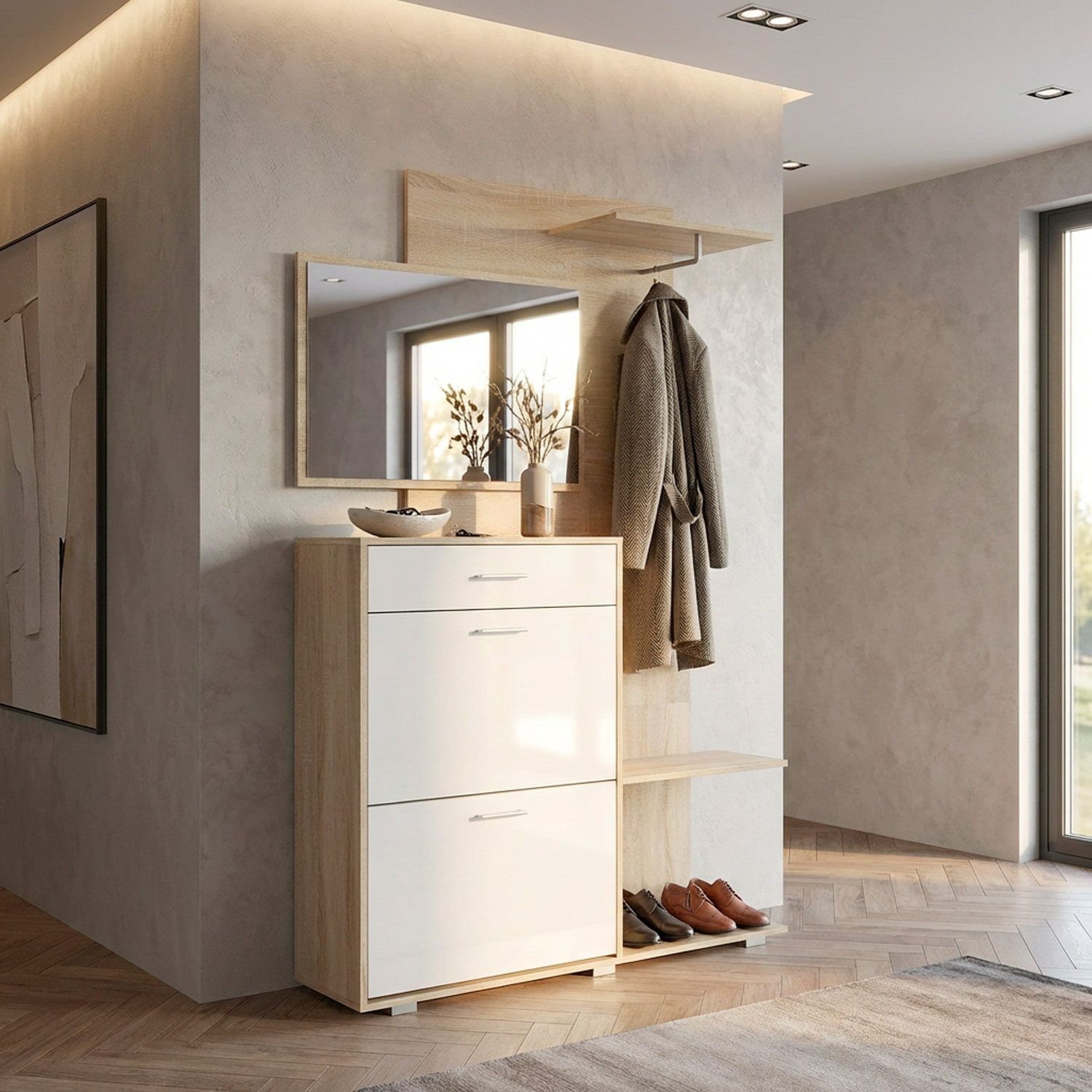 Ingresso Scarpiera Con Specchio 2 Ante A Ribalta Cassetto Appendibiti E Mensola Mobile Salvaspazio Moderno 192 x 120 x 24.5 Cm Colore Rovere E Bianco