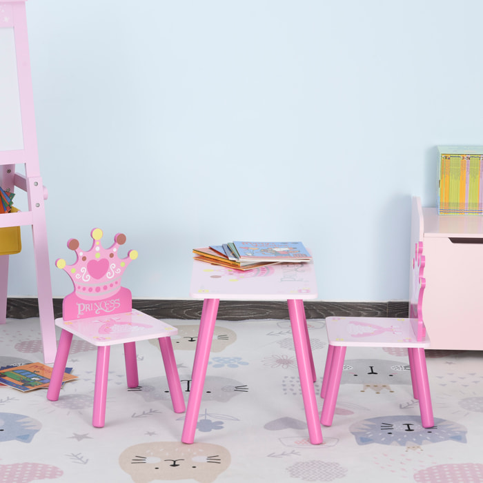 Juego de Mesa y 2 Sillas Infantiles de Madera Set de Mesa 55x34x42 cm Sillas 28x26x50 cm para Niños + 3 Años para Dormitorio Color Rosa