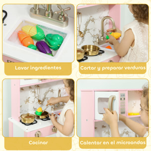 Cocina de Juguete de Madera con Sonido, Cocinita Infantil con Accesorios de Acero Inoxidable, Microondas, Horno, Fregadero, Verduras para Cortar, para Niños a Partir de 3 Años, Rosa