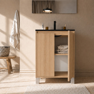 Pack Meuble Salle de Bains 70cm Chêne Clair 2 Portes avec Vasque Céramique Noire - XENOS