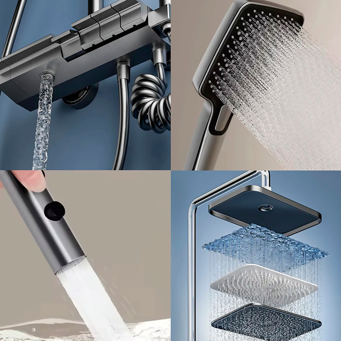 Set doccia completo 828-1 montato a parete. Con display digitale e molteplici modalità d'acqua, con miscelatore e controllo preciso.