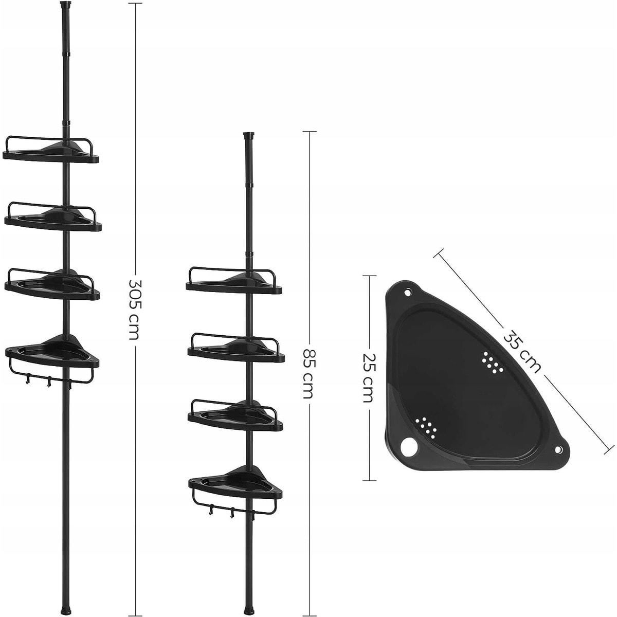 Scaffale da bagno telescopico angolare nero con 4 ripiani