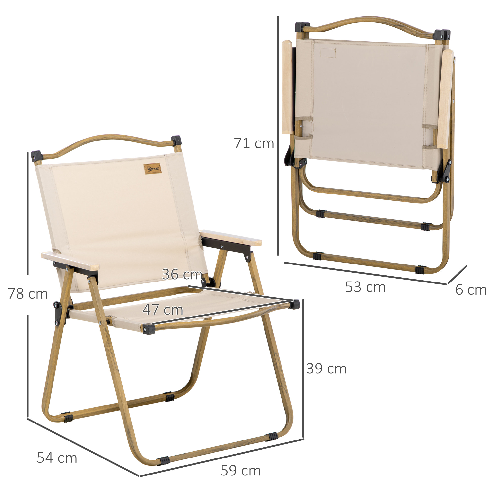 Lot de 2 chaises de plage camping pliantes - poignée - structure acier aspect bois oxford beige