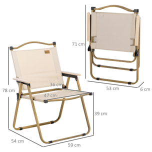Lot de 2 chaises de plage camping pliantes - poignée - structure acier aspect bois oxford beige