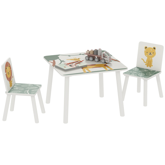 Mesa y Sillas Infantiles de 3 Piezas, Mesa Infantil con 2 Sillas de Madera de Pino, Juego de Muebles con Dibujos de Leones para niños de +3 Años, para Dormitorio, Sala de Juegos, Verde