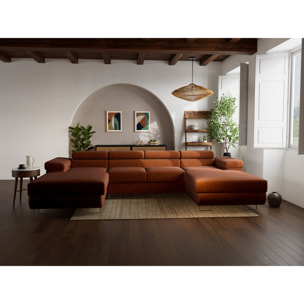 Pablo - canapé panoramique en U - 7 places - convertible avec coffres et têtières réglables - en velours côtelé - Terracotta