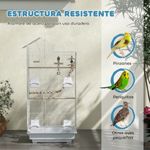 Jaula para Pájaros Pajarera con Múltiples Puertas 4 Comederos 3 Perchas Columpio Escaleras y Bandeja Extraíble para Loros Canarios Periquitos 46x36x100 cm Blanco