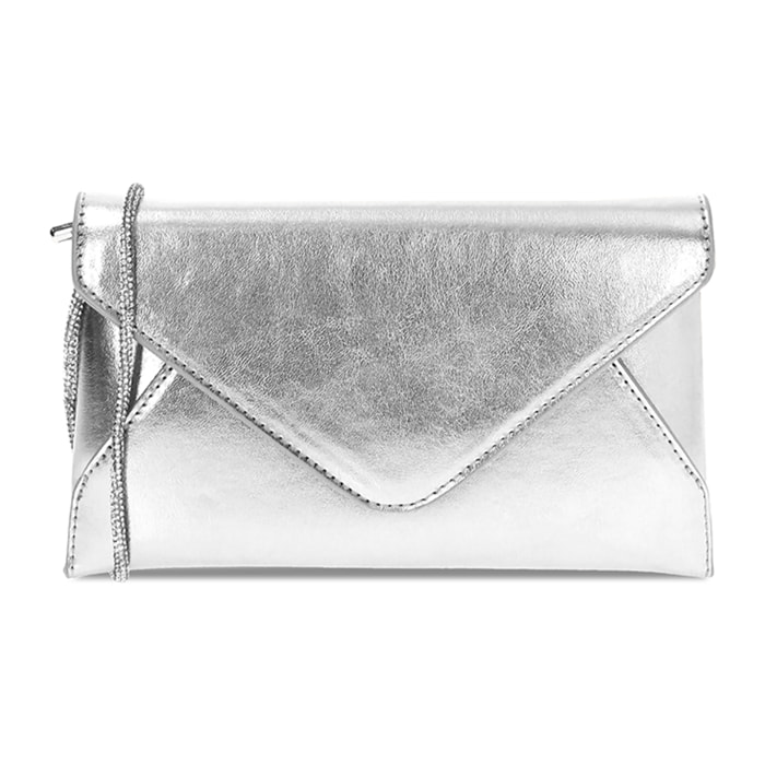 Pochette donna argento in laminato con tracolla in pietre