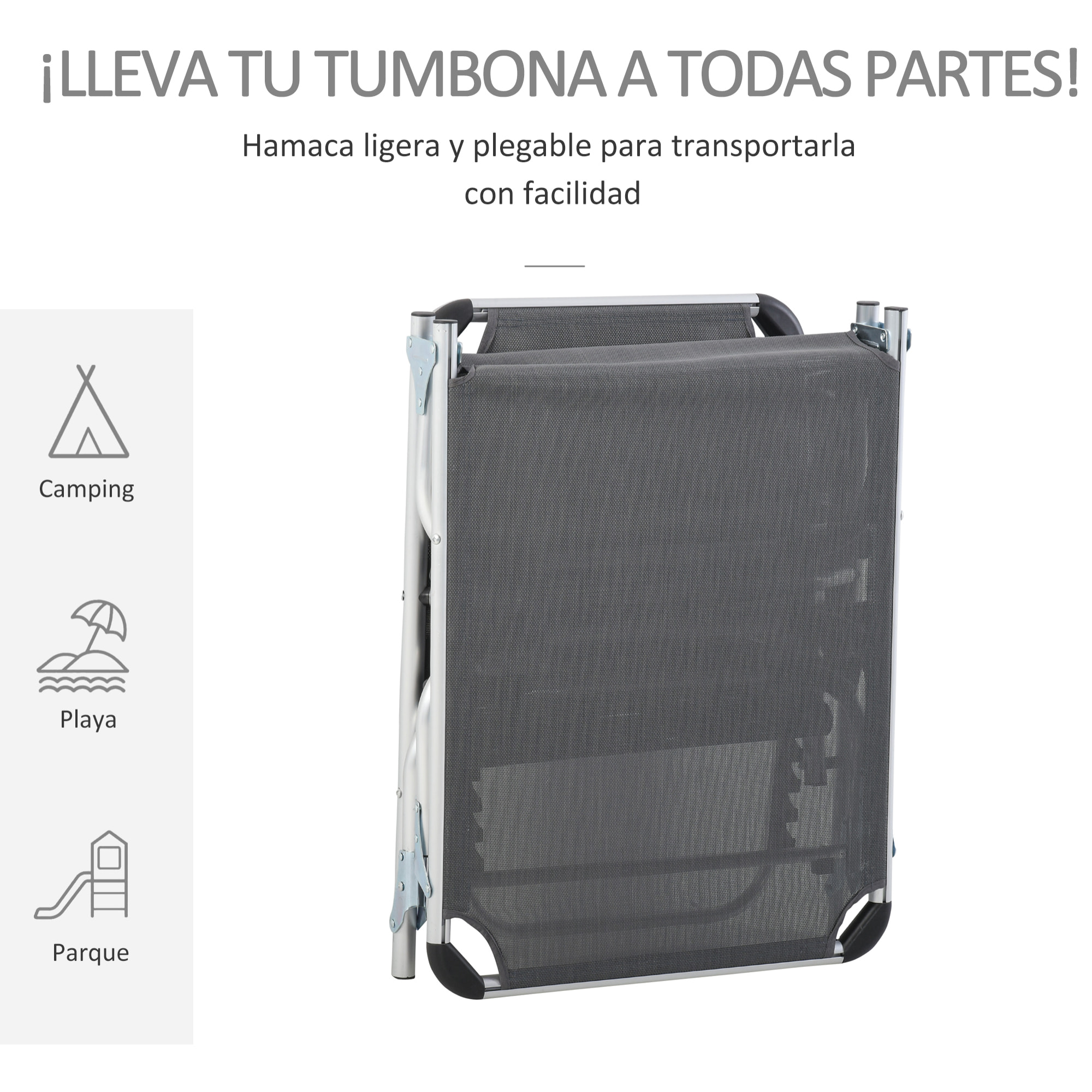 Tumbona Plegable Reclinable de Aluminio con Reposacabezas Extraá­ble y Respaldo Transpirable Ajustable en 4 Posiciones para Jardín Terraza Camping Exterior 165x60x76 cm Gris