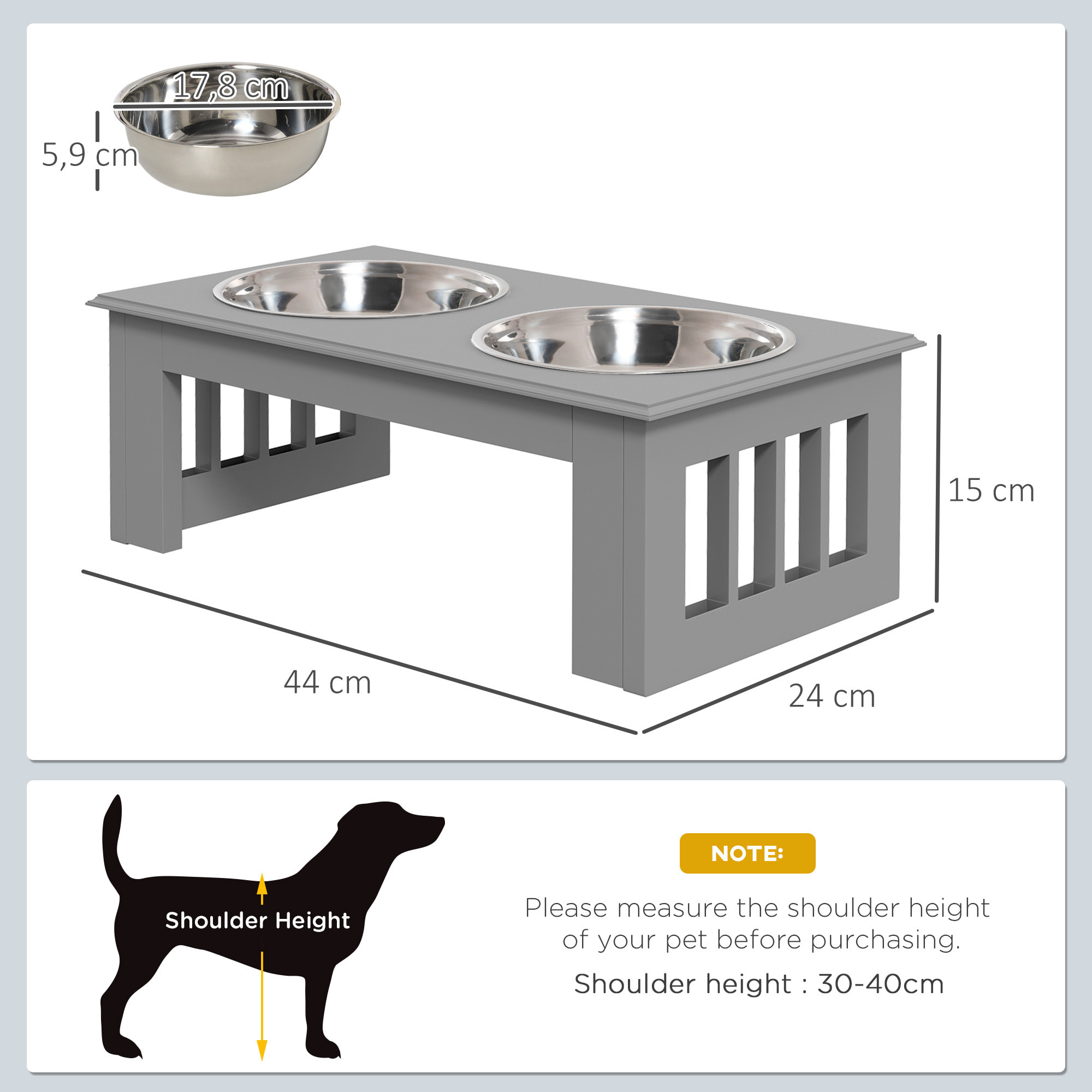 Comedero Elevado para Perros con Soporte y 2 Cuencos Extraíbles de Acero Inoxidable Alimentador para Mascotas Alimento y Agua 44x24x15 cm Gris