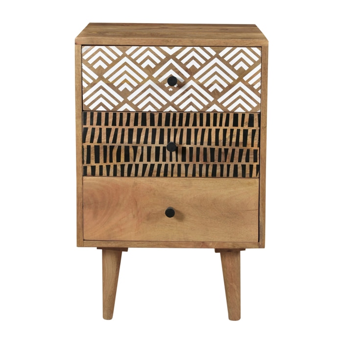Table de chevet en bois, 3 tiroirs à motifs - Tali