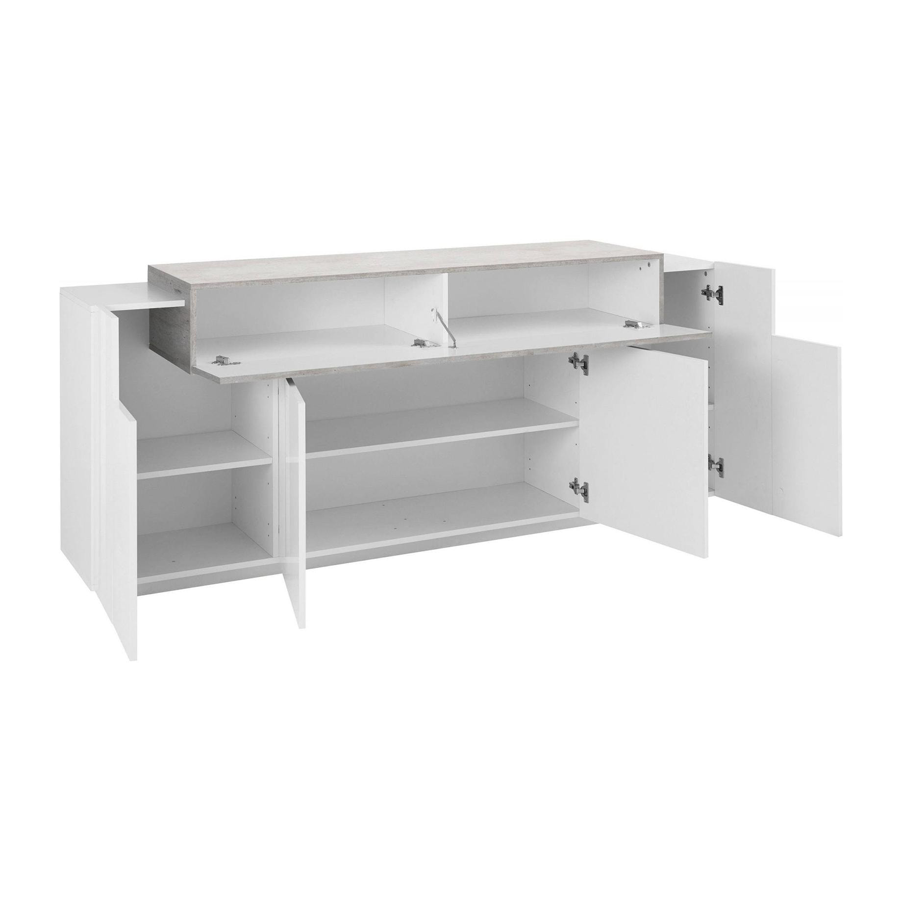 Credenza moderna a 5 ante, Made in Italy, Madia da cucina, Buffet di design da soggiorno, cm 200x45h86, colore Bianco lucido e Cemento