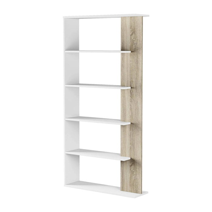 Libreria Eolo, Mobile portalibri bifacciale a 5 ripiani, Scaffale divisorio da ufficio o cameretta, 90x25h180 cm, Bianco e Rovere