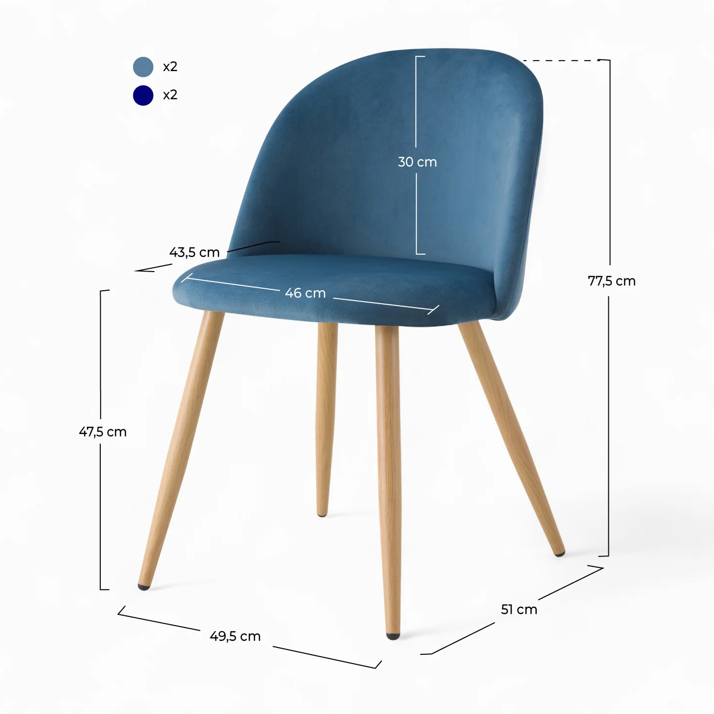 Pack 4 chaises en velours bleu foncé et bleu - Cozy