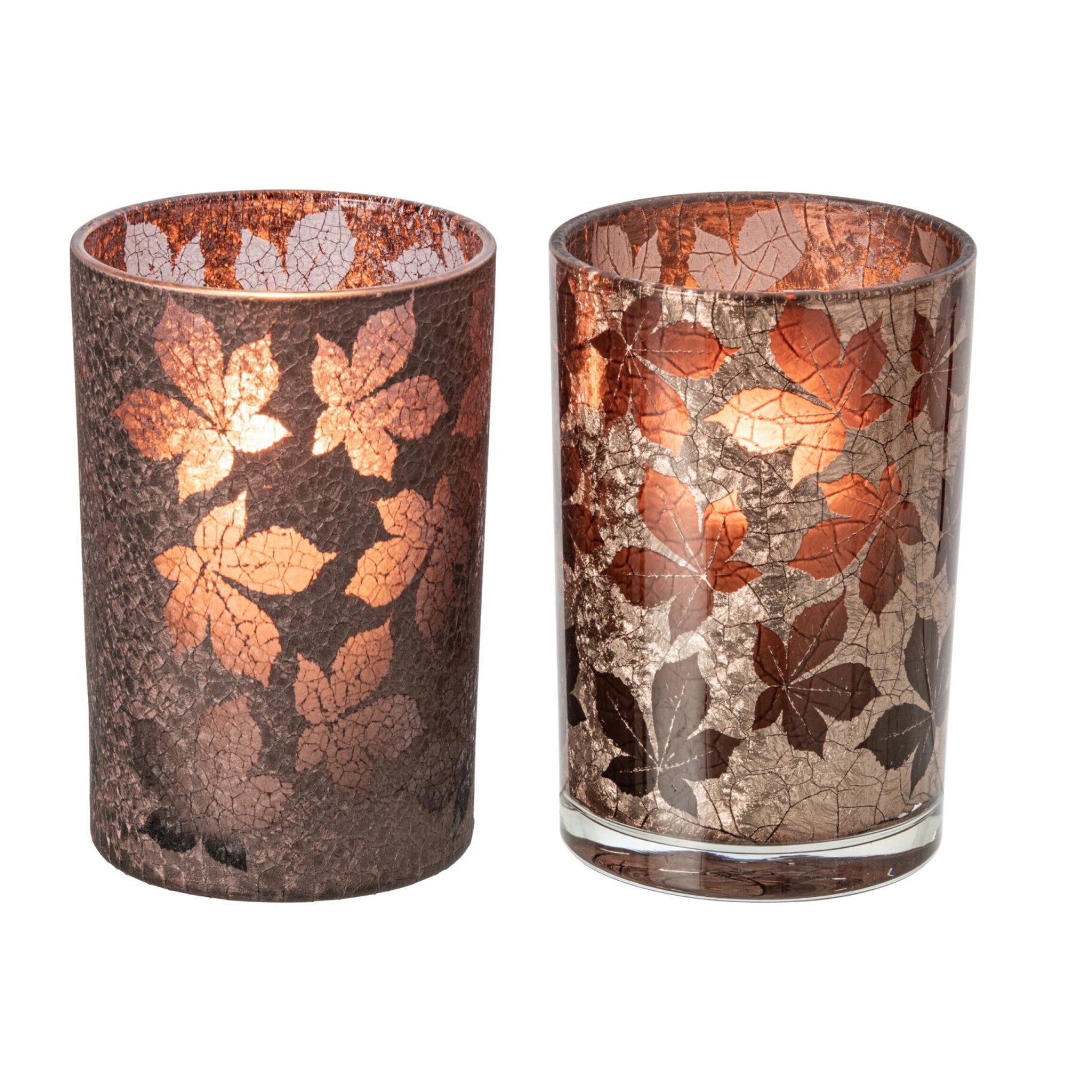 J-Line photophore feuilles craquelé - verre - marron foncé/beige - large - assortiment de 2
