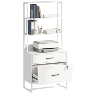 Cajonera Escritorio con Estantería, Mueble Archivador con 2 Cajones, Encimera para Impresora, Cerradura, para A4 Letter Legal, para Oficina, Estudio, Blanco