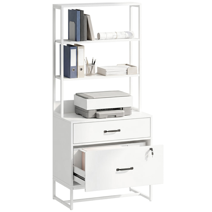 Cajonera Escritorio con Estantería, Mueble Archivador con 2 Cajones, Encimera para Impresora, Cerradura, para A4 Letter Legal, para Oficina, Estudio, Blanco