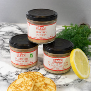 3 Rillettes bio en : saumon, noix de Saint Jacques,thon - 3 x 90g