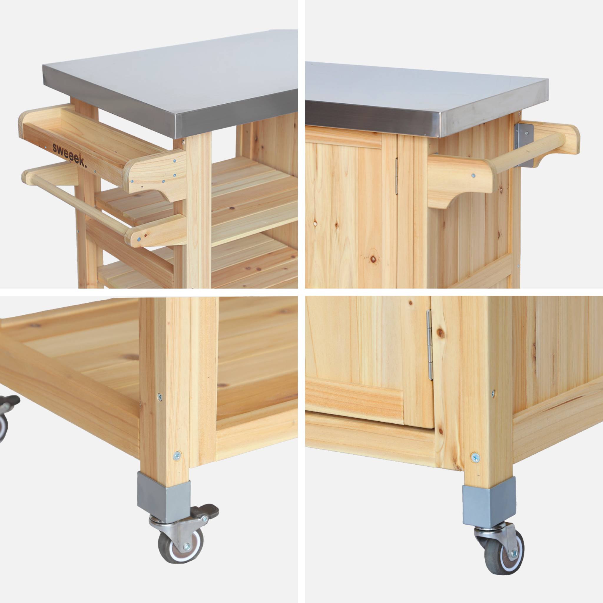 Cuisine d'extérieure 115cm bois avec poignées. 4 roues et 5 espaces de rangement. L 115 x l 51.5 x h 89.5cm