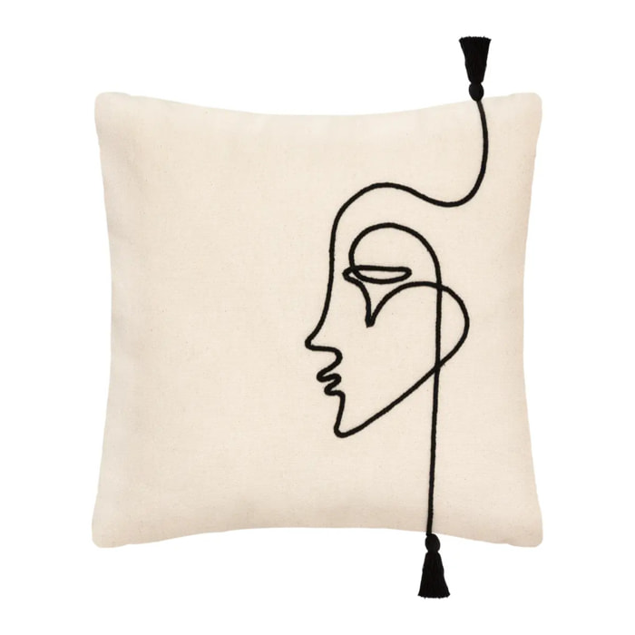 Housse de coussin "Visage" - coton et corde - ivoire - 40x40 cm