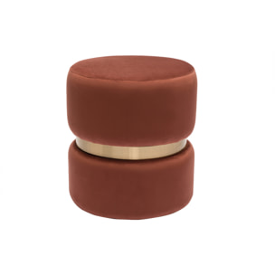 Pouf rond en velours bleu rouge tomette et métal doré D40 cm JOY