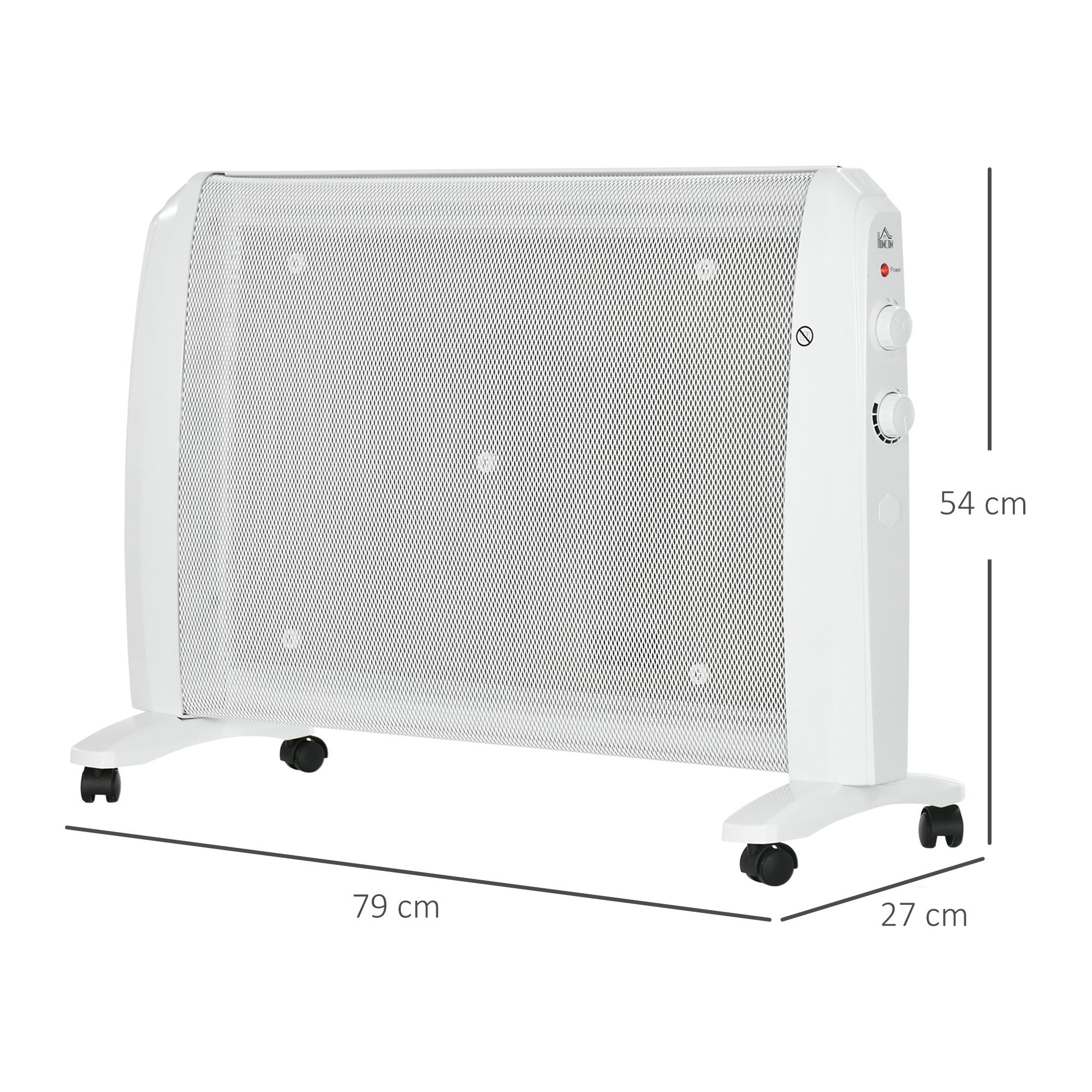 Calefactor Eléctrico 1000W/2000W Radiador de Mica con 2 Niveles de Potencia Termostato Regulable y 4 Ruedas para Sala de 15-20 m² Silencioso 79x27x54 cm Blanco