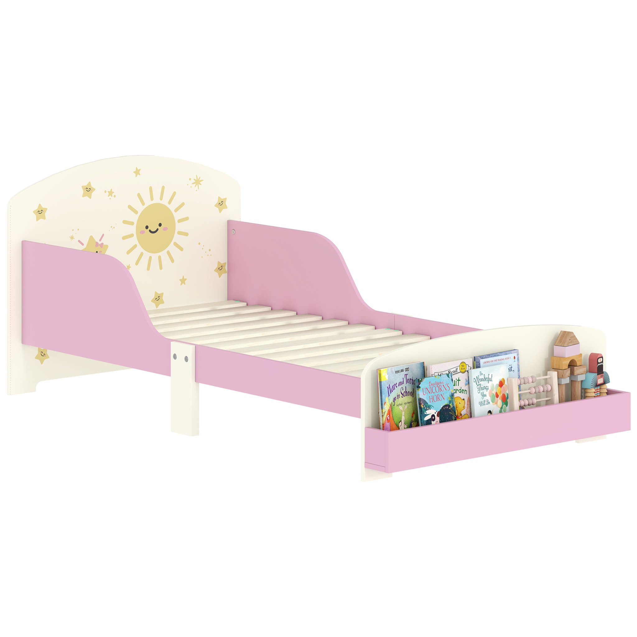 Cama infantil 70x140 cm de Madera con Almacenaje Cama para Niños de +3 Años con Protección Anticaída Cabecero en Dibujos de Estrellas Carga 40 kg para Dormitorio Rosa