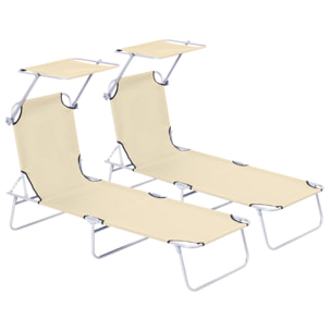 Conjunto de 2 Tumbonas Plegables Tumbonas de Jardín con Toldo Desmontable y Regulable Respaldo Reclinable para Terraza Acampada 187x58x36 cm Beige
