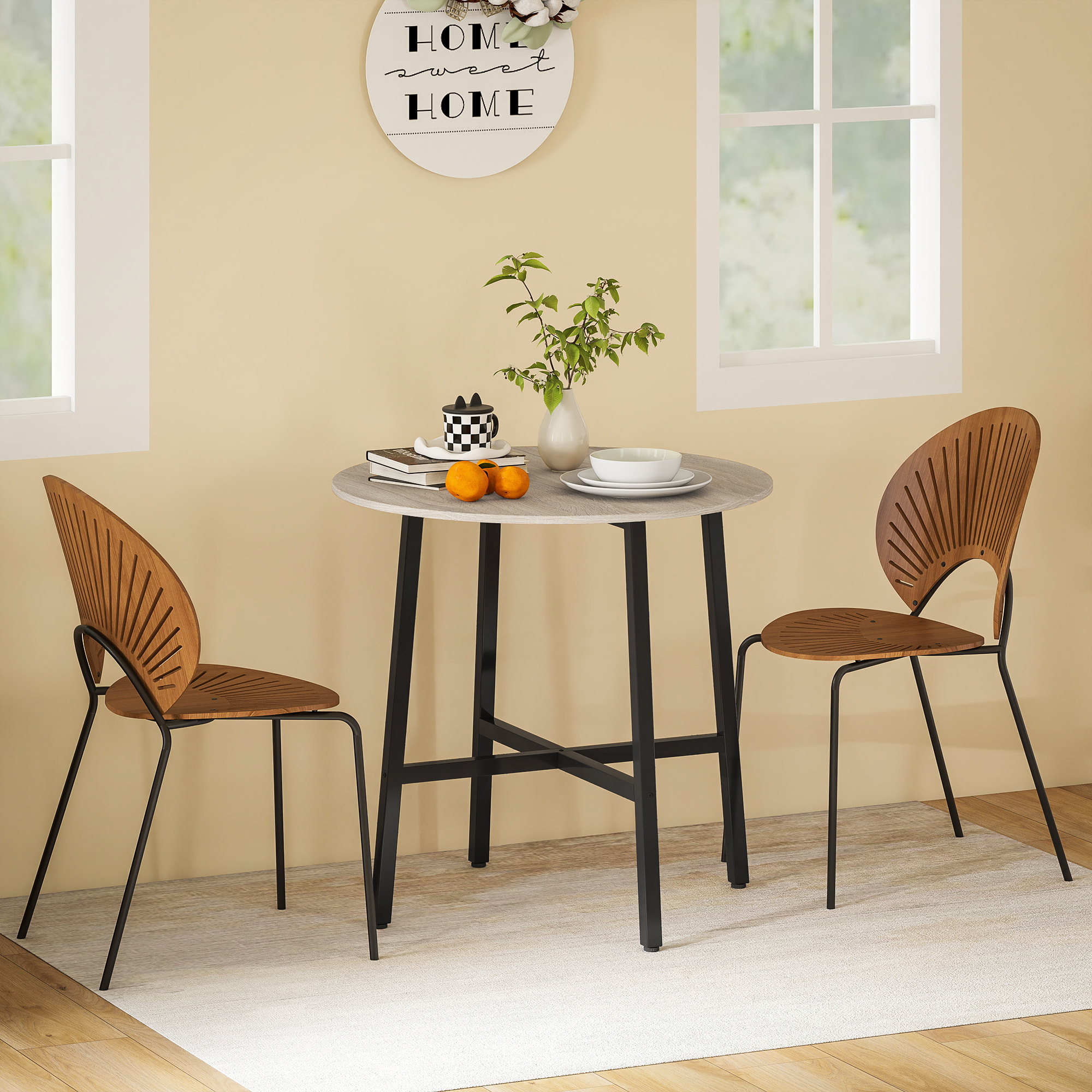 Table ronde dia. 80 cm style industriel piètement acier noir plateau aspect bois clair