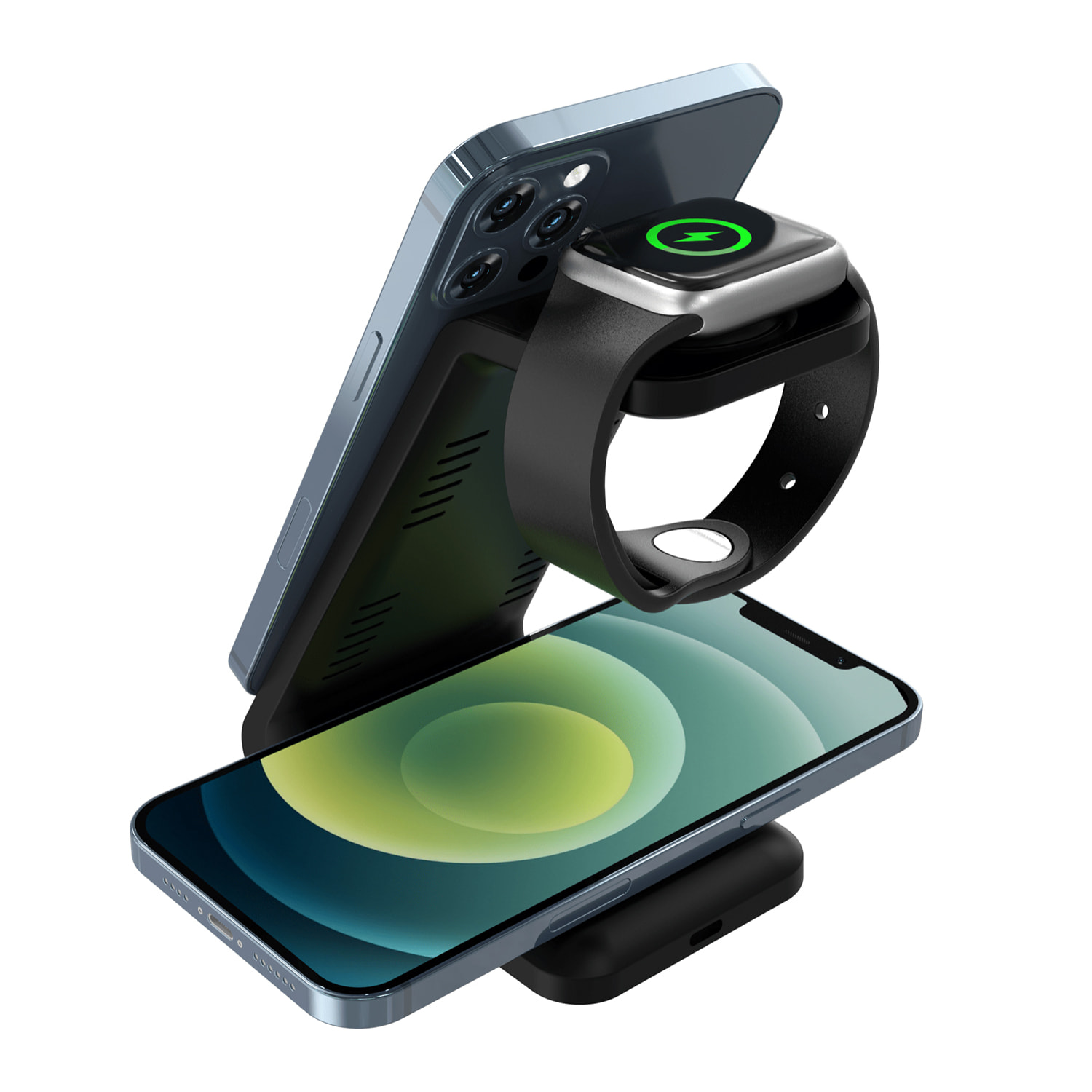 Stazione di ricarica 3 in 1 da 15w. Base di ricarica wireless Qi per 2 smartphone, auricolari e Apple Watch.