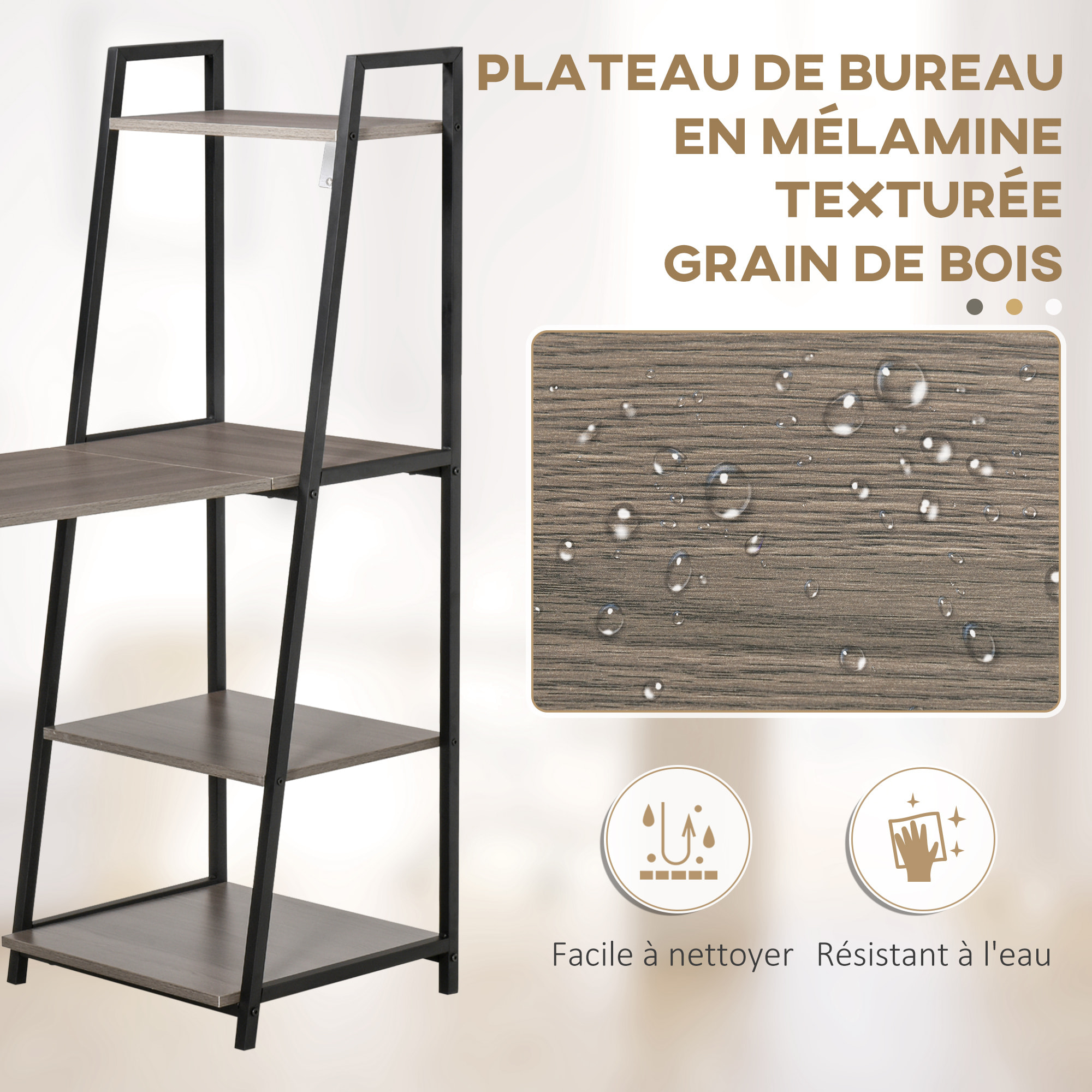 Bureau pliable rabattable - bureau bibliothèque 2 en 1 - 4 étagères - imitation bois gris métal noir
