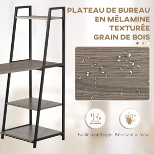 Bureau pliable rabattable - bureau bibliothèque 2 en 1 - 4 étagères - imitation bois gris métal noir